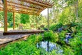 Picturesque backyard farm garden with small pond and patio area Royalty Free Stock Photo