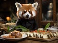 Red panda waiter serving sushi in bamboo forest