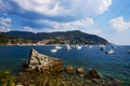 Bay of Moneglia with small boats and yachts, Cinque Terre by night