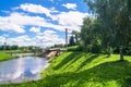 Picturesque bay of the Tmaka river next to the War Memorial. City of Tver, Russia.