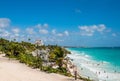 Beautiful Caribbean coastline and ancient Mayan ruins of Tulum overlooking beach in Mexico Royalty Free Stock Photo