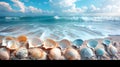 Seashells beach ocean waves sand summer vacation coastal nature sea shells shore Royalty Free Stock Photo