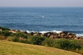 Waterfront lookout on hill with idyllic and amazing seaside landscape of shrubs and grass, jagged coast with rocks, ocean horizon