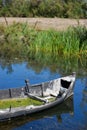 Picturesque boat with Lemnoideae on Danube Delta