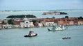Picturesque buildings and embarkations next to Santa Maria della Salute Cathedral, view from Campanile di San Marco, the bell towe Royalty Free Stock Photo