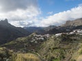Picturesque Canarian village Tejeda in mountain valley scenery and view of bentayga rock Gran Canaria, Canary Islands