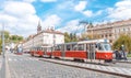 Picturesque capital of the Czech Republic. Red trams on the ancient streets of Prague