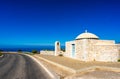 Picturesque chapel at the street to village of Limeni with clear waters, Mani, Peloponnese, Greece