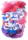 Picturesque city landscape. Summer resort town Watercolor illustration.