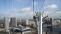 Picturesque city view from inside of teleferic cabin. Action. Landscape of a modern city buildings and the river, moving