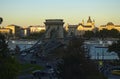 Picturesque cityscape view of Budapest. Ancient Chain Bridge over Danube river. Embankment with vintage buildings Royalty Free Stock Photo