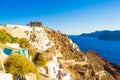 Dramatic sea clifftop view from picturesque Oia town Santorini island