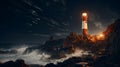 Picturesque coastal lighthouse perched atop rocky cliffs. Ai Generated.NO.02