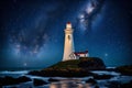 A picturesque coastal lighthouse standing tall under a starry New Year\'s night sky