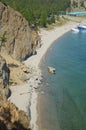 The picturesque coastline of Sandy Bay. Western coast of Lake Baikal. Top view Royalty Free Stock Photo