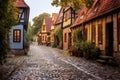 A picturesque cobblestone street lined with historic buildings in an enchanting European village, Quaint cobblestone street in a