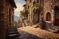 A picturesque cobblestone street with steps leading up to a beautiful building in a charming city, An old, winding, cobblestone Royalty Free Stock Photo