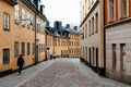 Picturesque cobblestoned street with colorful houses in Sodermalm in Stockholm