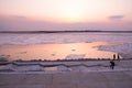 Picturesque colorful ice drift on a calm wide river during the pink sunset with pink reflection on water