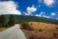 Picturesque country side landscape of Balkans region with small asphalt road along rocky hill dry meadow to green mountain forest Royalty Free Stock Photo