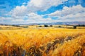 Picturesque countryside with golden fields of wheat and a vivid blue sky overhead