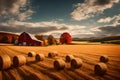 A picturesque countryside landscape with a red barn, haystacks, and autumn fields, representing the Thanksgiving spirit Royalty Free Stock Photo
