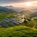 Picturesque countryside with rolling green hills and a field of solar panels nestled in the valley. with their sleek design, stand Royalty Free Stock Photo