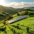 Picturesque countryside with rolling green hills and a field of solar panels nestled in the valley. with their sleek design, stand Royalty Free Stock Photo