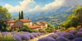 A picturesque countryside scene with a charming cottage, lavender fields, and a distant mountain range Royalty Free Stock Photo