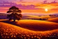 A picturesque countryside sunset, where rolling hills are bathed in the soft golden light of the descending sun Royalty Free Stock Photo