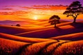 A picturesque countryside sunset, where rolling hills are bathed in the soft golden light of the descending sun Royalty Free Stock Photo