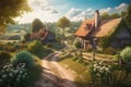 Rolling hills surround idyllic countryside village, Perfect for RPG illustration