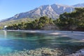 Picturesque Croatian seaside landscape, azure sea, high mountains, green pine trees on a clear sunny morning Royalty Free Stock Photo