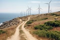 A picturesque dirt road leading through the countryside towards a cluster of majestic windmills, View from Cape Kaliakra to an