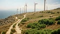 A picturesque dirt road leading through the countryside towards a cluster of majestic windmills, View from Cape Kaliakra to an