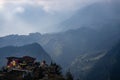 An areal view of a rural landscape lined with small, rustic houses: Sapa, Northern Vietnam