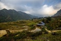 An areal view of a rural landscape lined with small, rustic houses: Sapa, Northern Vietnam