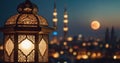 Traditional Islamic lanterns stand against the backdrop of a night city and starry sky with moon. Signifies the coming of Ramadan