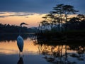 picturesque egret overseeing Tissa Lake in dusk, Sri Lanka