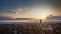 Picturesque epic backlit view of Siena Cathedral Santa Maria Assunta (Duomo) from Torre del Mangia tower at sunset golden hour, Royalty Free Stock Photo