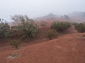 Picturesque Erosion Red Earth And Sand Hills Desert Landscape Near The Viewpoint Mirador De Abrante In Thick Fog And