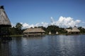 Picturesque and exotic lagoon with clean water El Milagro, loggon milagros with wooden house and thatched roof stilt houses Amazon Royalty Free Stock Photo