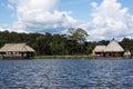 Picturesque and exotic lagoon with clean water El Milagro, loggon milagros with wooden house and thatched roof stilt houses Amazon Royalty Free Stock Photo