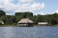 Picturesque and exotic lagoon with clean water El Milagro, loggon milagros with wooden house and thatched roof stilt houses Amazon Royalty Free Stock Photo