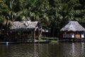 Picturesque and exotic lagoon with clean water El Milagro, loggon milagros with wooden house and thatched roof stilt houses Amazon Royalty Free Stock Photo