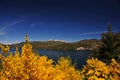 picturesque and exotic landscapes of lake and mountains with blue sky and yellow flowers in spring, san martin de los andes. Royalty Free Stock Photo