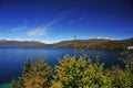 picturesque and exotic landscapes of lake and mountains with blue sky and yellow flowers in spring, san martin de los andes Royalty Free Stock Photo