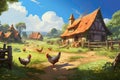 Picturesque Farmyard With Chickens Roaming Freely And Farmhouse Illustration. Generative AI Royalty Free Stock Photo