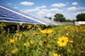 A picturesque field of vibrant yellow flowers with a solar panel in the background, Wildflowers in front of solar panels on a