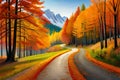 A picturesque forest path bathed in the warm hues of autumn, leading deeper into the heart of the colorful woods